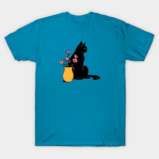 Playful Black Cat in blue T-Shirt